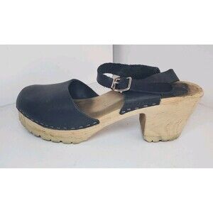 Lotta's from Stockholm Sweden Strap Clogs Wood Black Leather Women 42EU/10.5US
